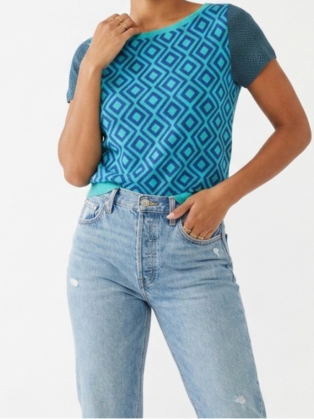 Loft Teal Geometric Mod Knit Short Sleeve Sweater Size M